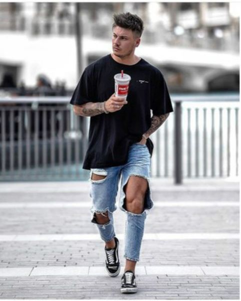 

men's designer jeans with big holes straight leg trousers, loose-fitting mid-waisted pants and funky leg trousers pants with zipper new, Blue