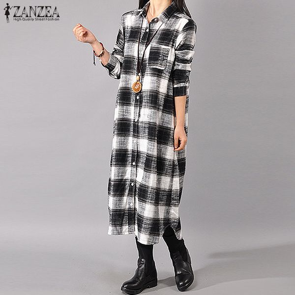 

ZANZEA 2019 Autumn Women Casual Loose Oversized Maxi Long Shirt Vestidos Newest Lapel Collar Cotton Linen Vintage Plaid Dresses