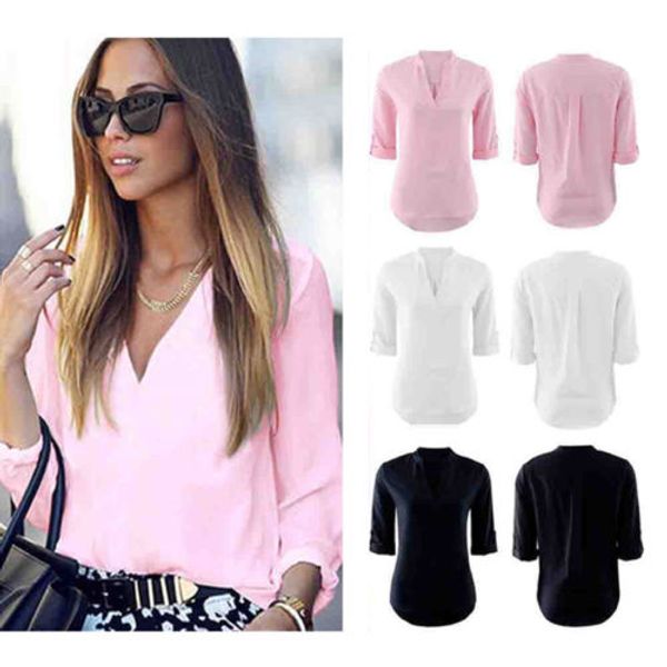 

new fashion blouse shirt women long sleeve loose solid blouse casual shirt summer lady formal office tee, White