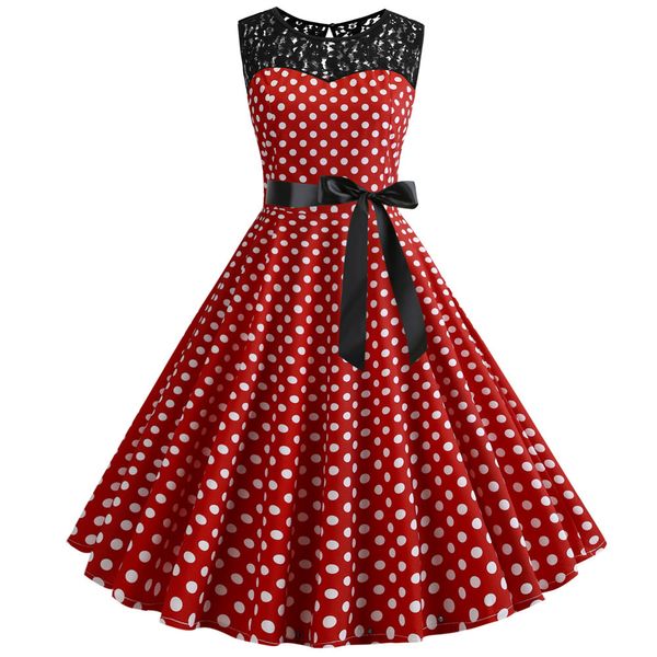 

2019 summer women lace vintage dress red polka dot swing retro robe party dresses 50s 60s rockabilly pin up dress vestidos, Black;gray