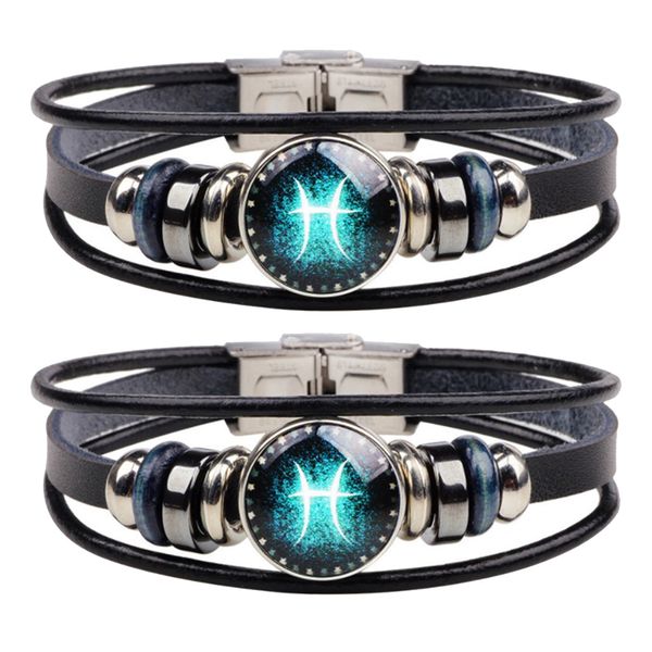 

2pcs pisces bracelet 12 constellation leather cuff bracelet charms, Golden;silver