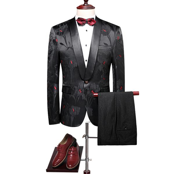 

floral suits men 2019 slim fit groom wedding suit shawl collar tuxedo jacket pants luxury prom party stage suit, White;black