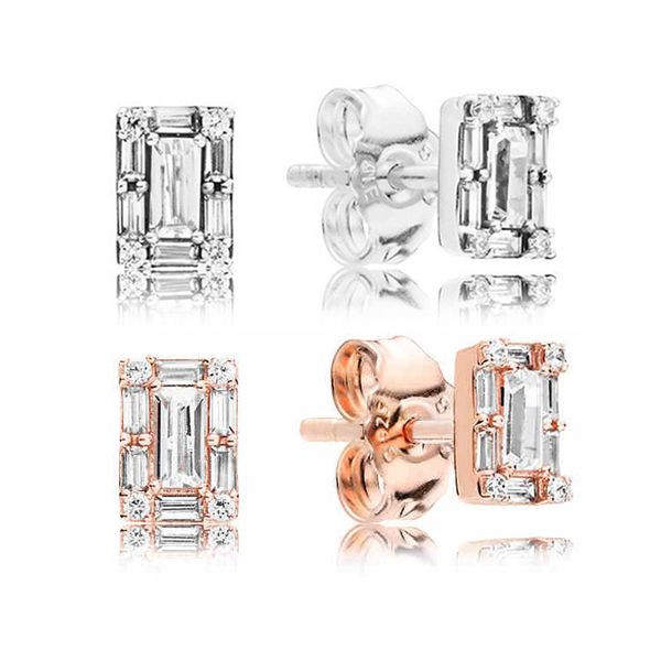 

18k rose gold square crystal stud earring original box for pandora 925 silver crystal cz diamond earrings set for women fashion accessories, Golden;silver