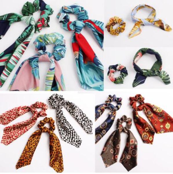 

floral leopard scrunchies hair scarf elastic boho streamers bow hair rope ties scrunchie ponytail holder for hair accessories 30 colors, Slivery;white