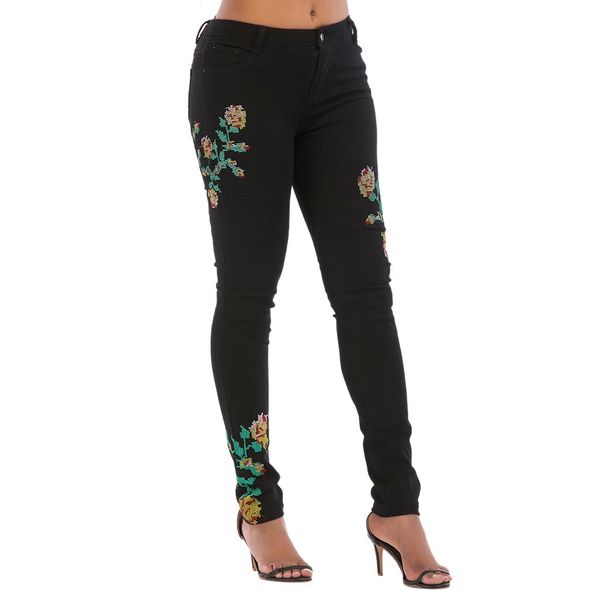 

embroidery jeans pants women denim pencil pant long high waist office lady plus size capris solid trousers slim pantalones, Blue