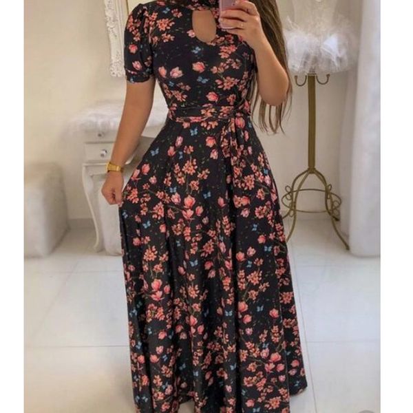 

women fashion short sleeve turtleneck cutout printed long dress elegant bohemian dress vestidos largos elegant lady clothes, Black;gray