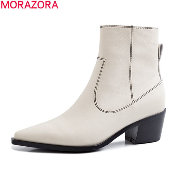 

morazora 2020 winter new arrive fashion ankle boots med heels pointed toe shoes woman genuine leather black white women boots