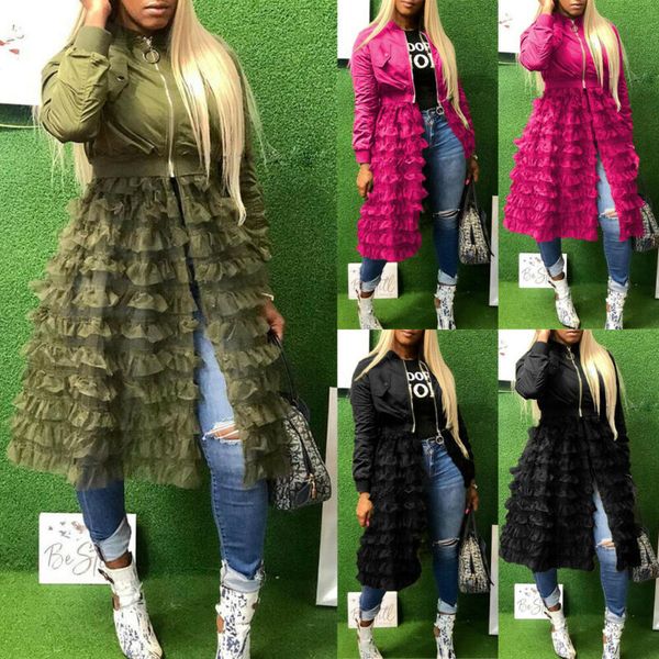 

new style patchwork mesh coats zip up women long sleeve casual ruffled mesh sheer patchwork long jacket coat, Black;brown