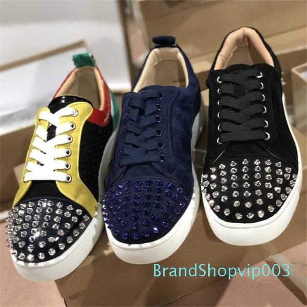 

red bottom shoes seavaste 2 spikes leather low-trainers real leather with strass studs men women flat shoes 35, Black