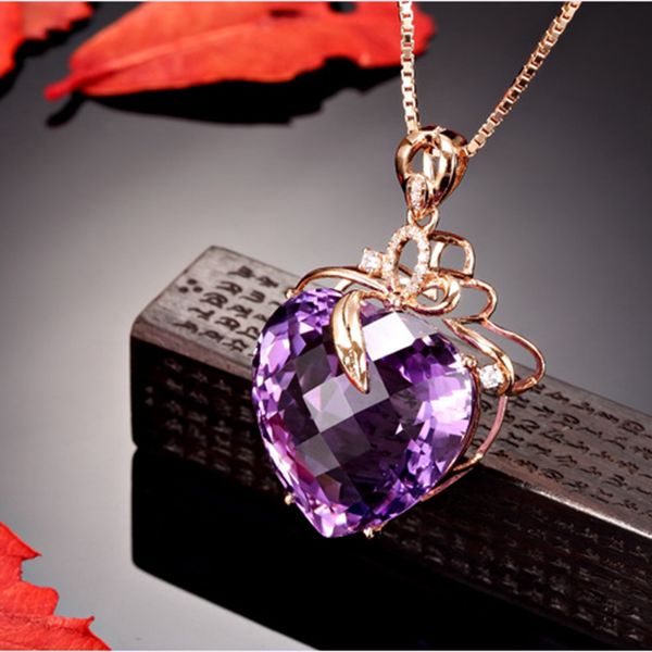 

amethyst heart pendant chain elegant 18k rose gold filled love womens pendant necklace purple zircon fashion accessories gift, Silver