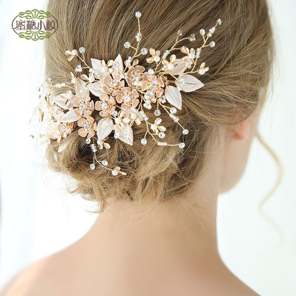 

wedding party beaded pearl gift woman lady diamond flower leaf hair jewelry for bride acting initiation graduation yy-129, Slivery;golden