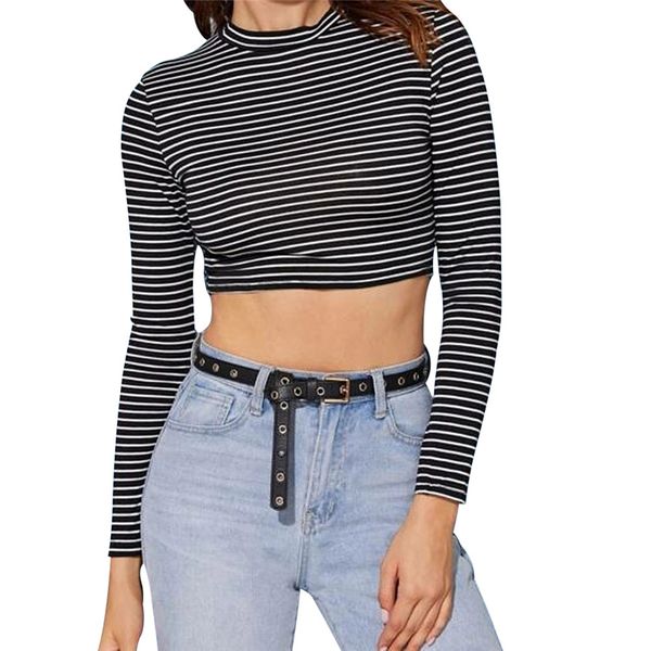 

1pc women t shirt long sleeve t shirt ladies crop autumn bandage ladies shirts striped casual slim shirts, White