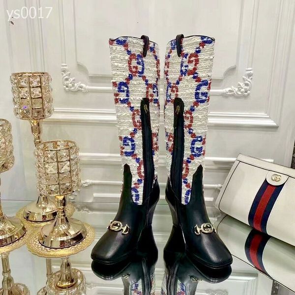 

2020 autumn and winter high grade show models knee-high classic boots high-heeled square head color matching leather knight boots, Black