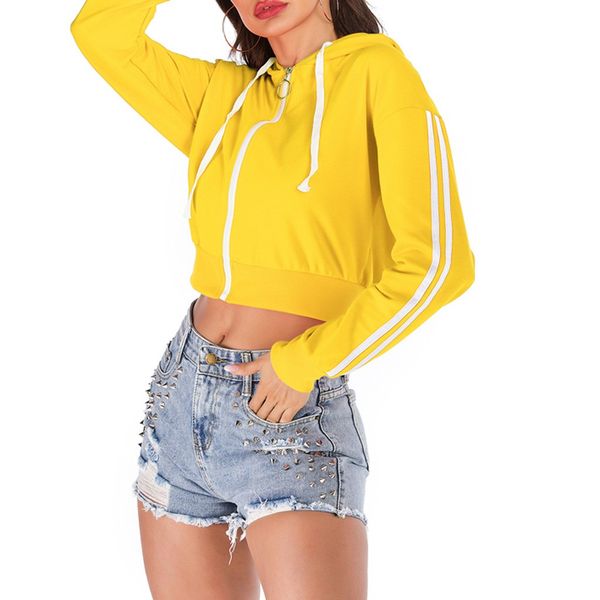 

overall zip black elastic rope blouse long sleeve zipper hooded loose short sweatshirt fashion sport clothes for women