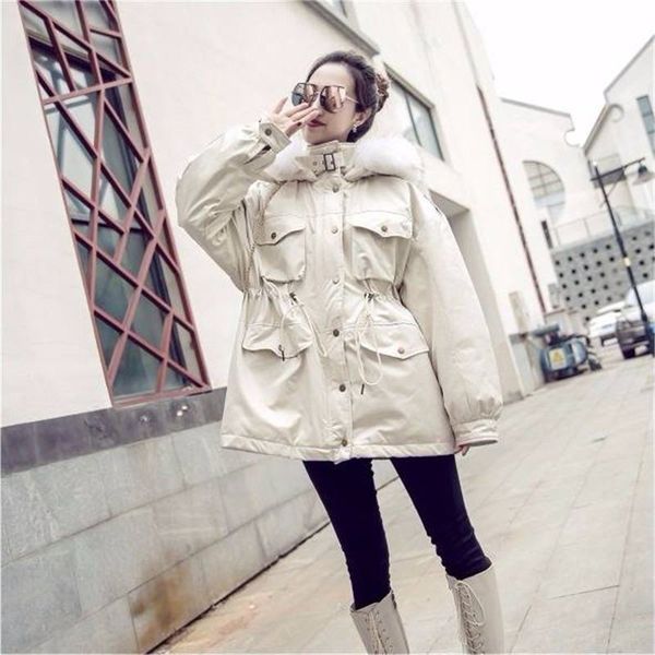 

2019 new winter women large real raccoon fur collar coats female loose casual white duck down jacket warm thick parks mujer c149, Black