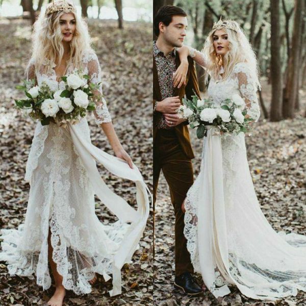 

bohemian 2020 wedding dresses half sleeve lace appliqued v neck garden outdoor bridal dress a line country wedding gowns vestidos de novia, White