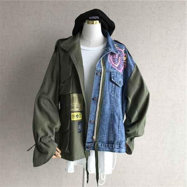 

shengpalae 2019 autumn winter jacket split joint hit color vintage fashion season cowboy loose denim coat woman tide fu265, Black;brown