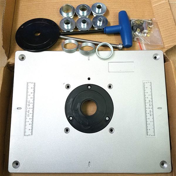 

aluminum router table insert plate 300x235x9.5mm with steel guide bushing and lifting tool for wood router engraving machine