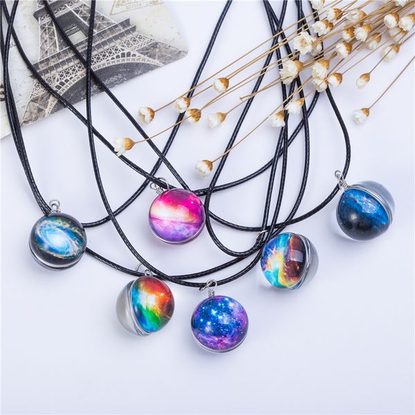 

round glass pendant collares duplex planet crystal stars ball glass galaxy pattern leather chain pendants maxi for womem girlfriend gift