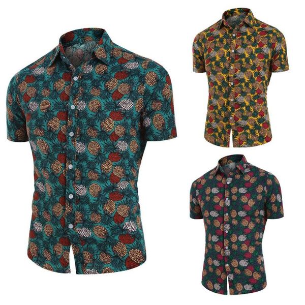 

men's hawaii printed shirts splicing pattern casual fashion lapel short sleeve shirt summer clothing slim plus size shirt, White;black