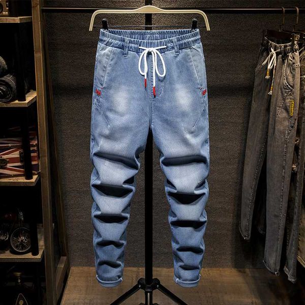 

large size 7xl elastic waist summer blue distressed ripped jeans men pants denim casual teenager ankle length pants
