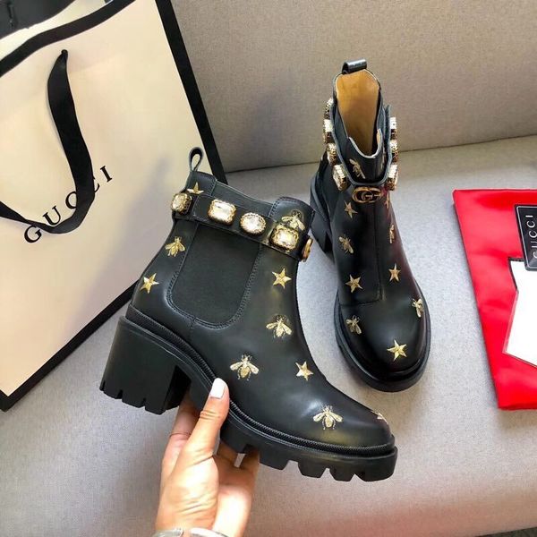 

in stock women designer boots heels bee ankle boots leather letter print high heels plus size designer women shoes with box
