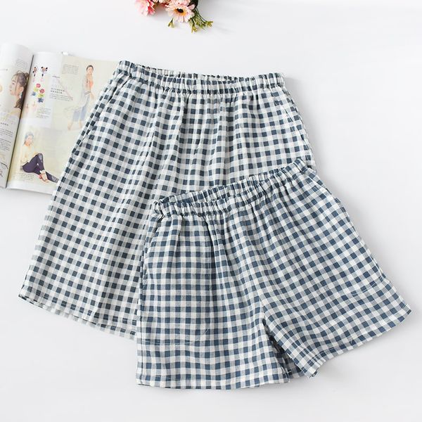 

lovers' couple cotton gauze shorts pajamas summer pyjamas plaid beach pants casual robe gown men&women bathrobe home pants, Black;red
