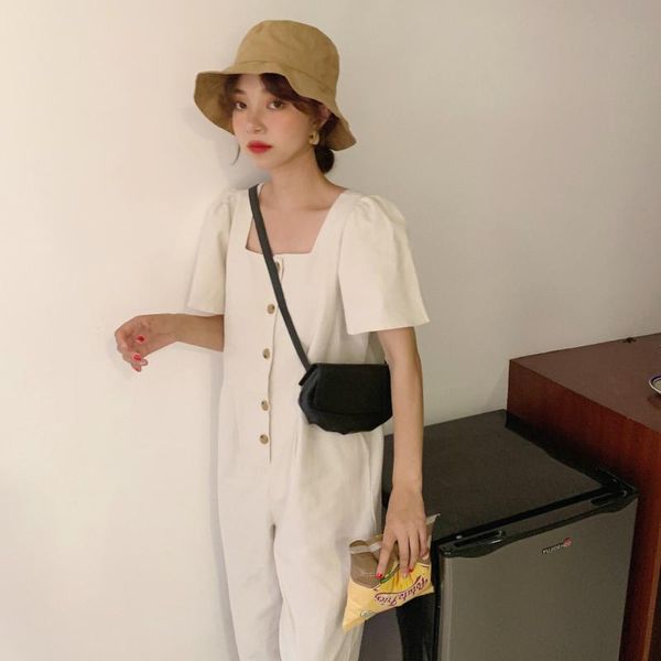 

summer jumsuit women elegant short sleeve single breasted square neck loose solid color casual jumsuit plus size korean overalls, Black;white