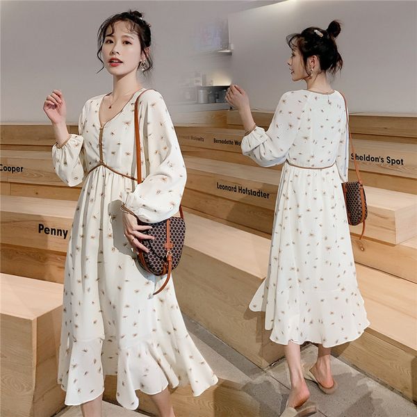 

maternity loose dress chiffon floral 2020 v-neck spring and summer korean large size 2xl, White
