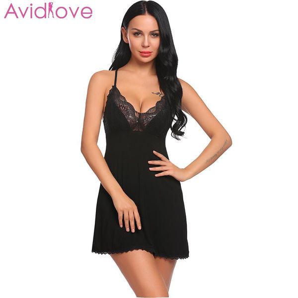 

avidlove women night dress nighty sleepwear lingerie women babydoll chemise lace patchwork nightwear with g-string, Black;red