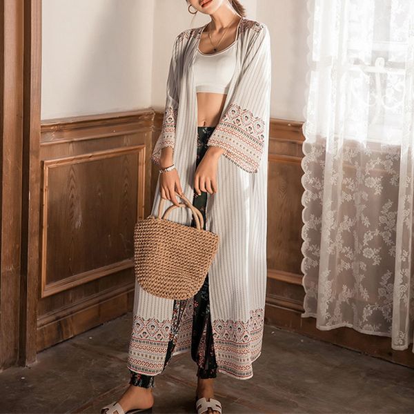 

блуза женщина женщины топы 2019 кимоно cardigans мода шифон лето tribal печатные длинные блузки рубашки feminina женская одежда, White