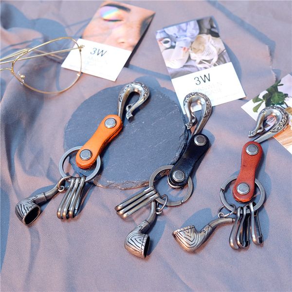 

retro tobacco pipe first layer cowhide keychain handmade genuine leather key chain metal snake tail locksmith keyholder trinket, Silver