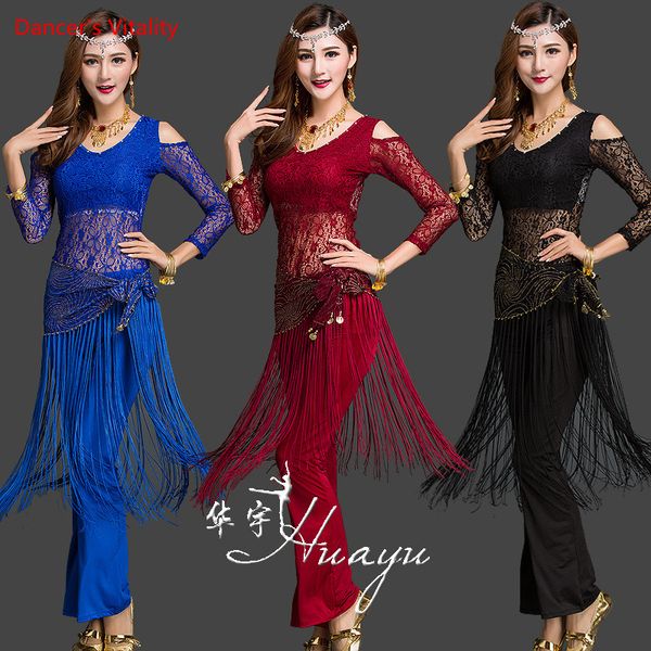 

latin dance women set lace tassel salsa rumba samba cha-cha belly dance costume 2pcs/set, Black;red