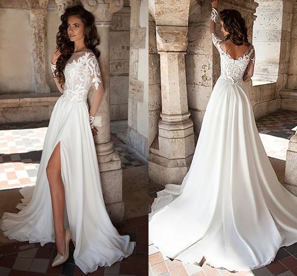 

boho beach garden wedding dresses chiffon a line 2021 sheer neck long sleeves appliqued lace bridal gowns high split robes de mariÃ©e al3138, White