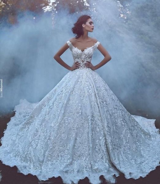 

vintage lace off shoulder ball gown wedding dresses luxury backless bridal gowns appliques skirt cathedral train wedding dress custom made, White