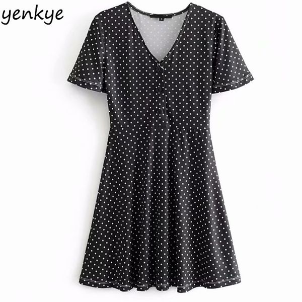 

2019 women vintage polka dot black dress female v neck short sleeve slim a-line summer dress short vestidos mujer aazz9353, Black;gray