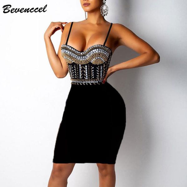 

bevenccel 2020 black women beads dress strapless bodycon celebrity evening party dress vestidos runway women bandage, Black;gray