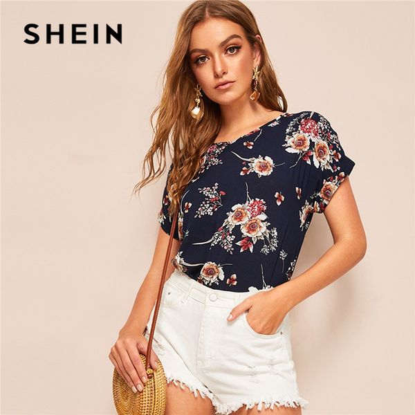 

shein lady casual navy v neck floral blouse women summer roll up sleeve curve hem streetwear short sleeve blouses ladies, White