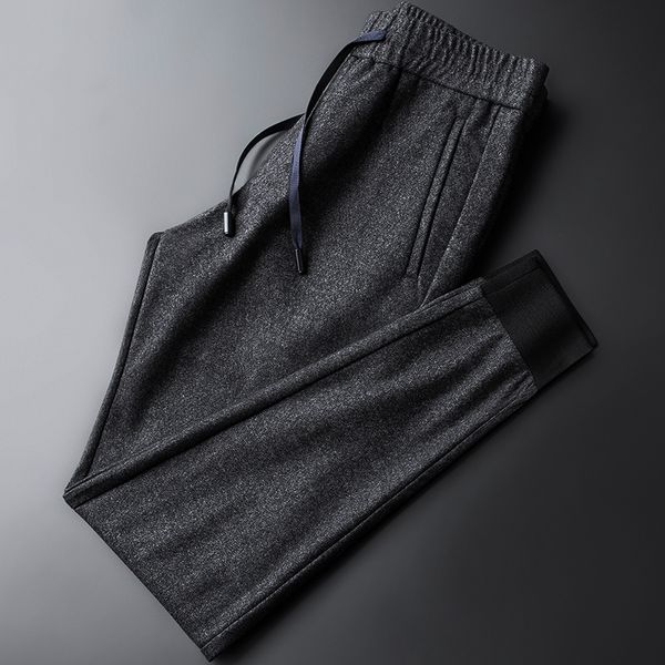

men's pants wool mens luxury elastic waist casual sport man autumn and winter slim fit light gray male trousers, Black
