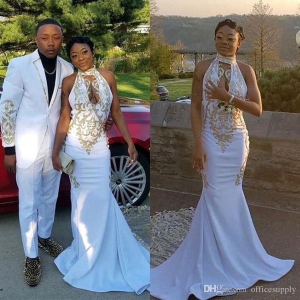 

white halter long mermaid prom dresses 2020 black girls keyhole lace applique sweep train formal party evening gowns custom