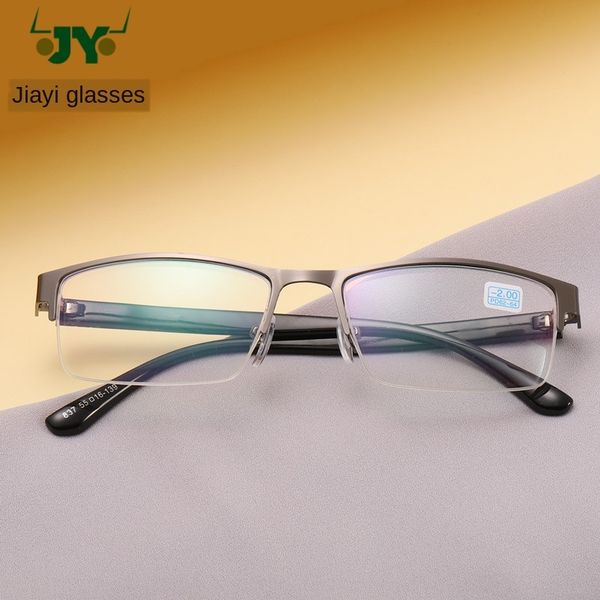 

business half-frame finished myopia glasses men's ultra light copper leather frame coated resin tablets student myopia glasses, Silver