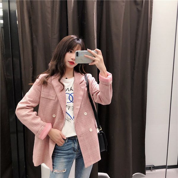 

plaid розовый vintage ladies blazer свободный свободный простой костюм куртка с длинным рукавом bleiser mujer корейских женщин куртка весна, White;black