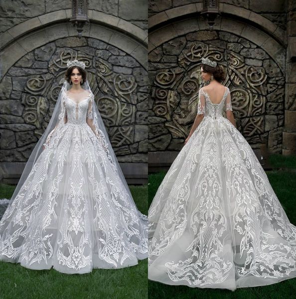 

роскошные кружева бальное платье свадебные платья jewel шеи половина рукава свадебные платья часовня поезд плюс размер дубайский собор поезд, White