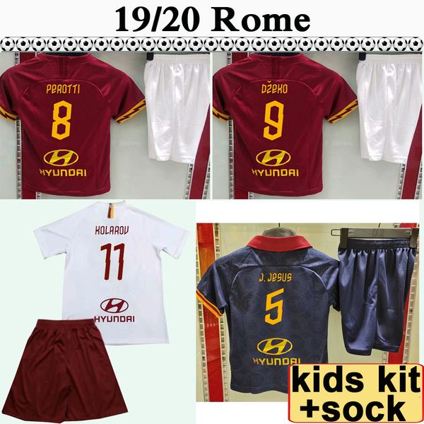 

2019 2020 dzeko kids kit soccer jerseys roma j. jesus perotti home child football shirts new kolarov ei shaarawy short uniforms suit socks, Black
