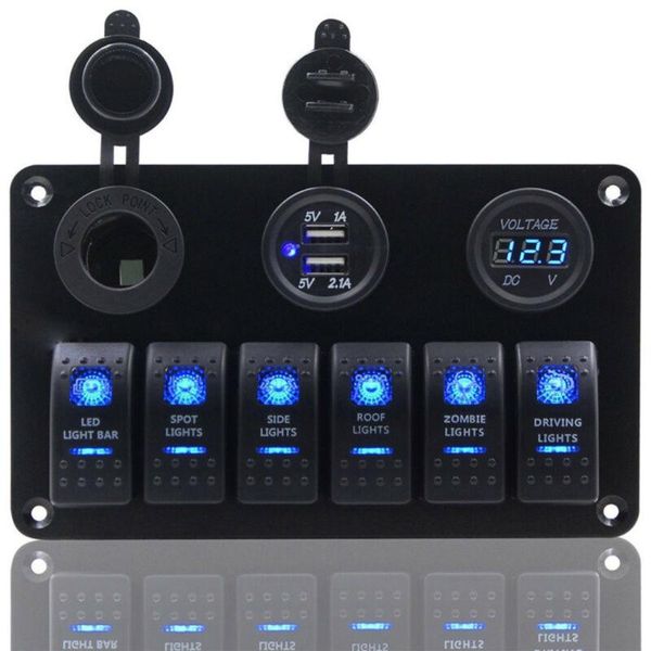 

6 gang on-off toggle switch panel 2usb 12v-24v socket charger led voltmeter for car suv marine rv truck camper boat