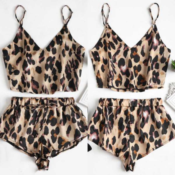 

new 2pcs women spaghetti strap tank shorts leopard print lace sleepwear babydoll nightwear pajamas set, Blue;gray