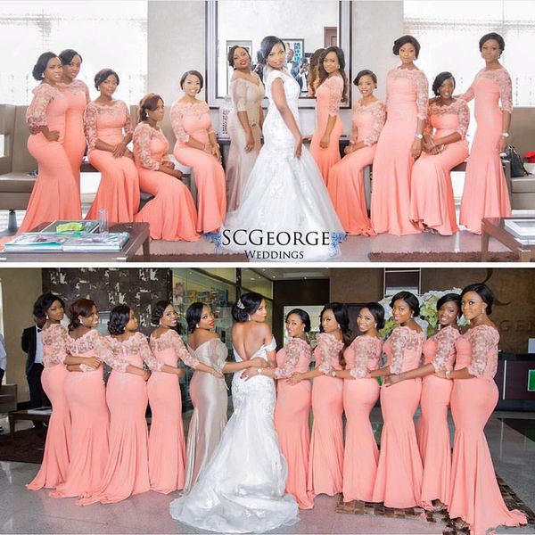 

coral half sleeve bridesmaid dresses long 2019 mermaid bateau neck lace appliques formal gowns wedding guest prom dress robes de fete, White;pink