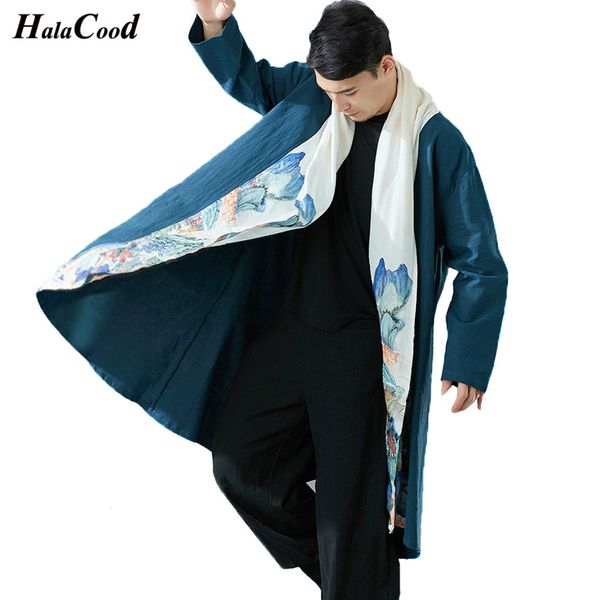 

halacood male 2018 new china style national style casual long coats men's windbreaker linen slim windbreaker men's cloak trench, Tan;black