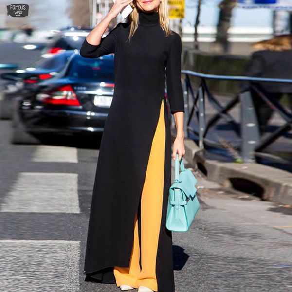 

fashion puff sleeve women plus size dress turtleneck pullover designer clothes oversize spring fall dress long elegant maxi black, Black;gray