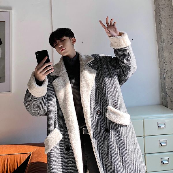 

2018 winter new double twelve main push models young men's comprehensive lambskin composite comfort texture loose long coat, Black
